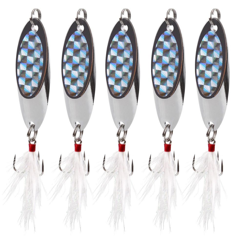 OROOTL Fishing Spoons Lures, 5pcs Metal Spoon Fishing Lures with Feathered Treble Hooks 3/16oz-2oz Jigging Spoons Bait for Bass Trout Pike Walleye Saltwater Freshwater