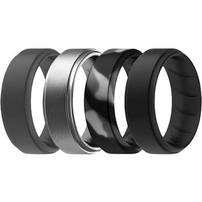 ROQ Silicone Rubber Wedding Ring for Men, Comfort Fit, Men's Wedding Band, Breathable Rubber Engagement Ring/Band, Step Edge, 8mm Wide 2mm Thick, 4 Pack, Black, Black Camo, Silver, Grey, Size 10