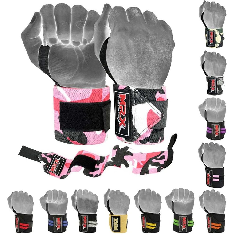 MRX Weight Lifting Gym Training Wrist Wraps for Wrist Support Bodybuilding Workout Wrap Men/Women Pack of 4 (Camo Pink)