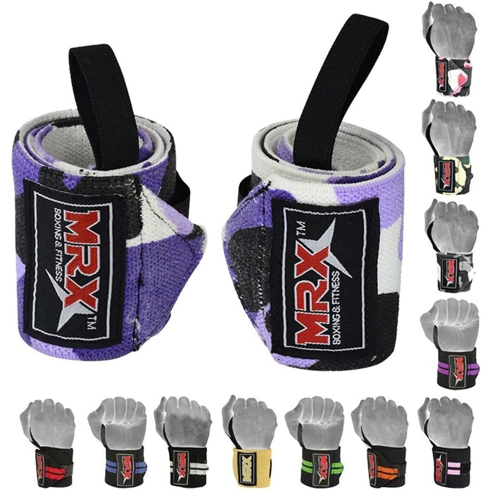 MRX Weight Lifting Gym Training Wrist Wraps for Wrist Support Bodybuilding Workout Wrap Men/Women Pack of 4 (Camo Purple)