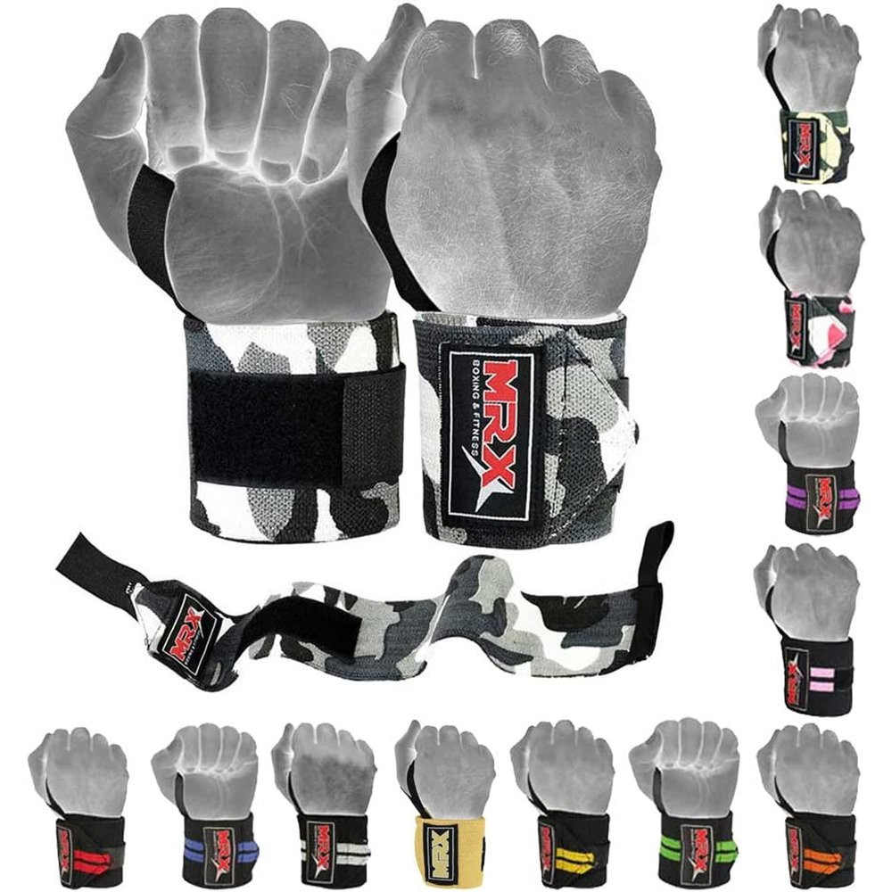 MRX Weight Lifting Gym Training Wrist Wraps for Wrist Support Bodybuilding Workout Wrap Men/Women Pack of 4 (Camo Grey)