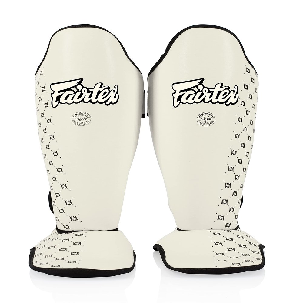 Fairtex SP5 Muay Thai Shin Guards for Men, Women, Kids | Shinguards are Premium, Lightweight & Durable | Extended Protection to Avoid shin splints During Training or Sparring - Large,White