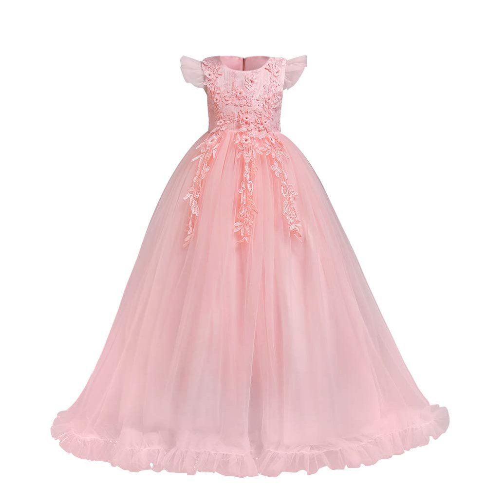 Flower Girls Lace Embroidery Dress Bridesmaid Wedding Pageant Communion Dresses Princess Party Evening Long Ball Gown Pink 3-4 Years