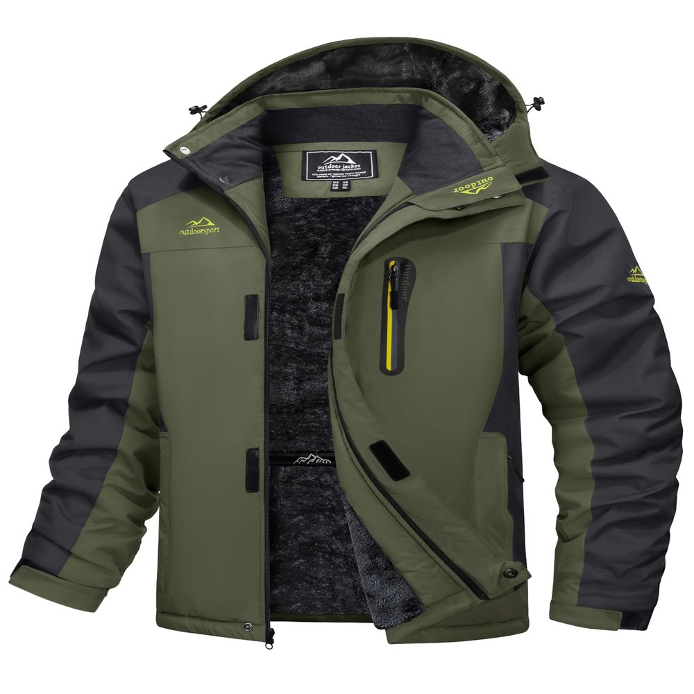 MAGCOMSEN Mens Ski Jacket Waterproof Insulated Winter Snowboarding Coats Thermal Fleece Lined Rain Jackets Outdoor Army Green, 2XL