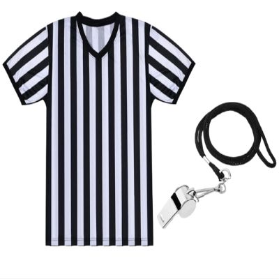 SATINIOR Men's Official Uniform Black and White Stripe Pro-Style Neck Referee Shirt, Officiating Umpire Jersey and Stainless Steel Whistle with Lanyard for Halloween Basketball Football Soccer(M)