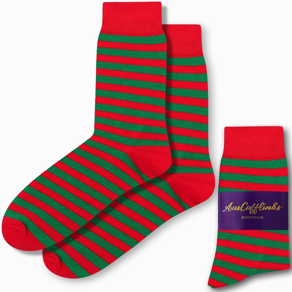 AUSCUFFLINKS Christmas Socks For Him | Xmas Stocking Stuffer | Happy Gift Socks Elf Elves Present for Dad | Socks for Mum (Elf Stripe Green/Red)