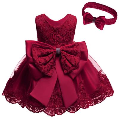 Baby Girl Baptism Christening Gown Dresses Toddler Wedding Bridesmaid Clothes Lace Tutu Dress (Burgundy,12M)