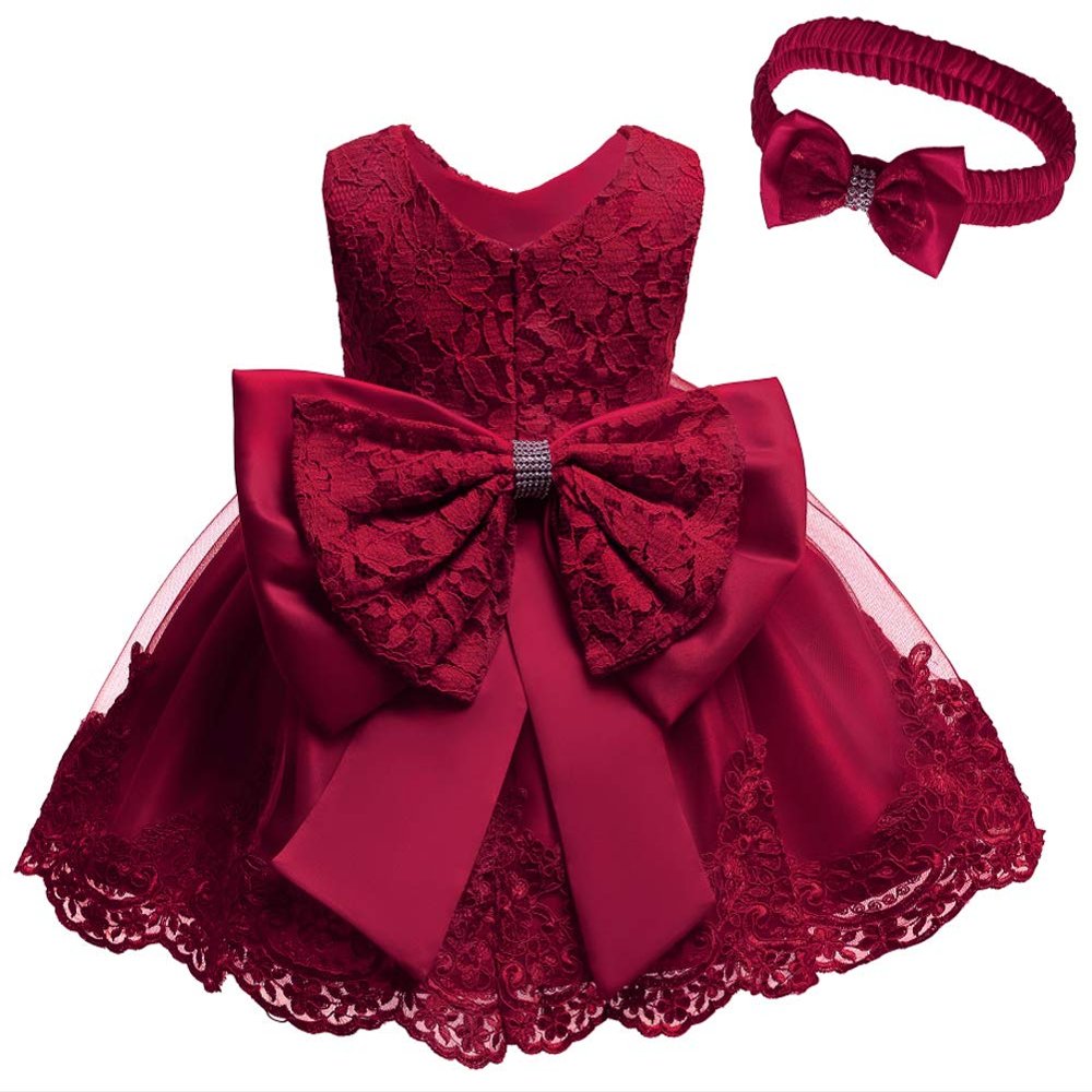 Baby Girl Baptism Christening Gown Dresses Toddler Wedding Bridesmaid Clothes Lace Tutu Dress (Burgundy,12M)