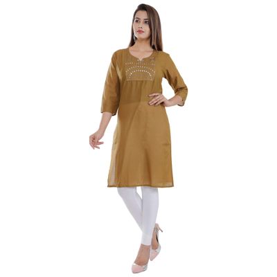 Ramkudi Indian Women's Plain Embroiderd Cotton Straight Kurti Top (Peanut)
