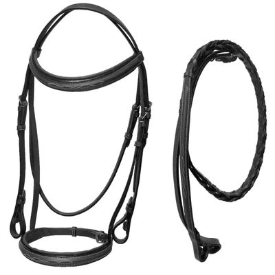 Equitem Leather English Fancy Stitch Hunter Bridle with Braided Leather Reins (Black, Cob)