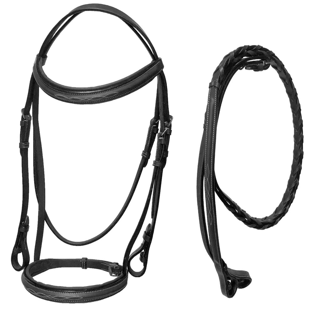 Equitem Leather English Fancy Stitch Hunter Bridle with Braided Leather Reins (Black, Cob)