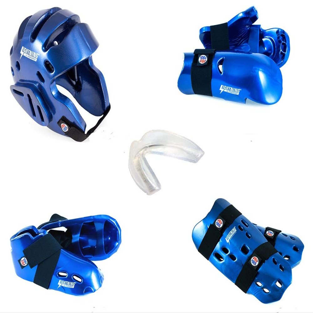 Lightning 8 Piece Deluxe Gear Set w/Shin Guards & Free Mouthpiece (Black, Child Large)