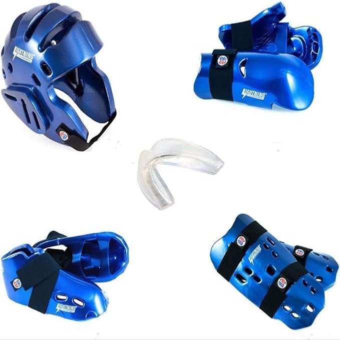 Lightning 8 Piece Deluxe Gear Set w/Shin Guards & Free Mouthpiece (Blue, Child Large)