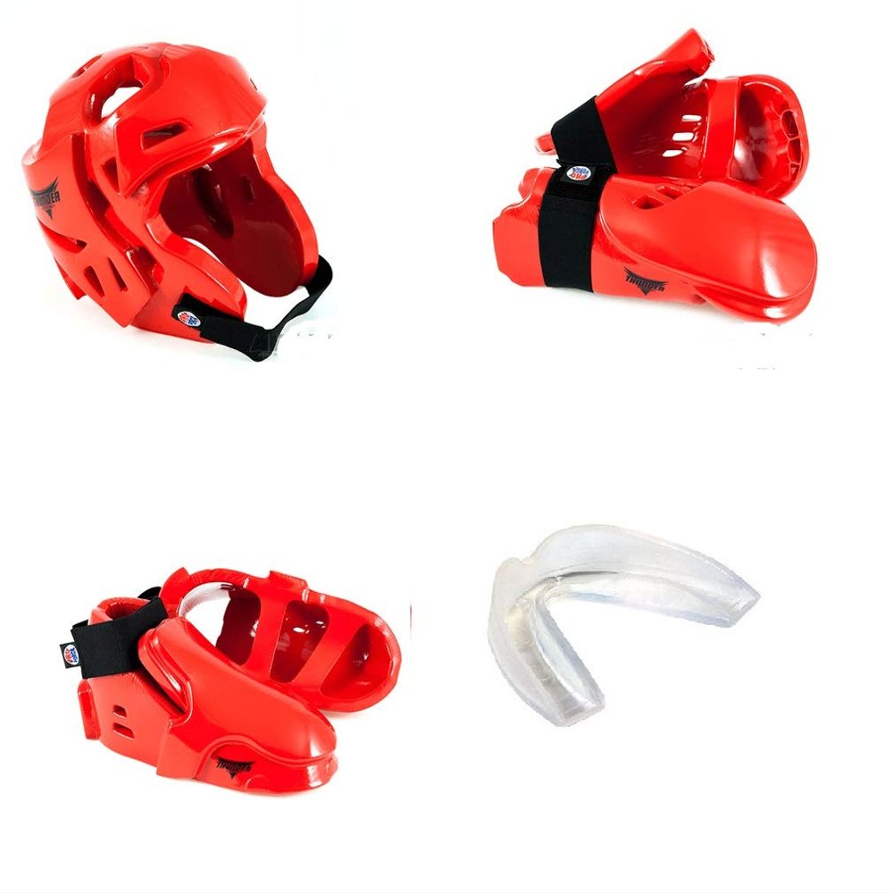 Thunder Double Layered Protected Gear Set for Sparring w/Free Mouthpiece (Red, Child Large)