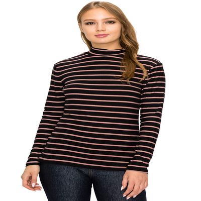 ALWAYS Women's Long Sleeve Mock Turtleneck - Premium Soft Stretch Lightweight Layer Basic Pullover Shirt Striped Top Black Mauve S
