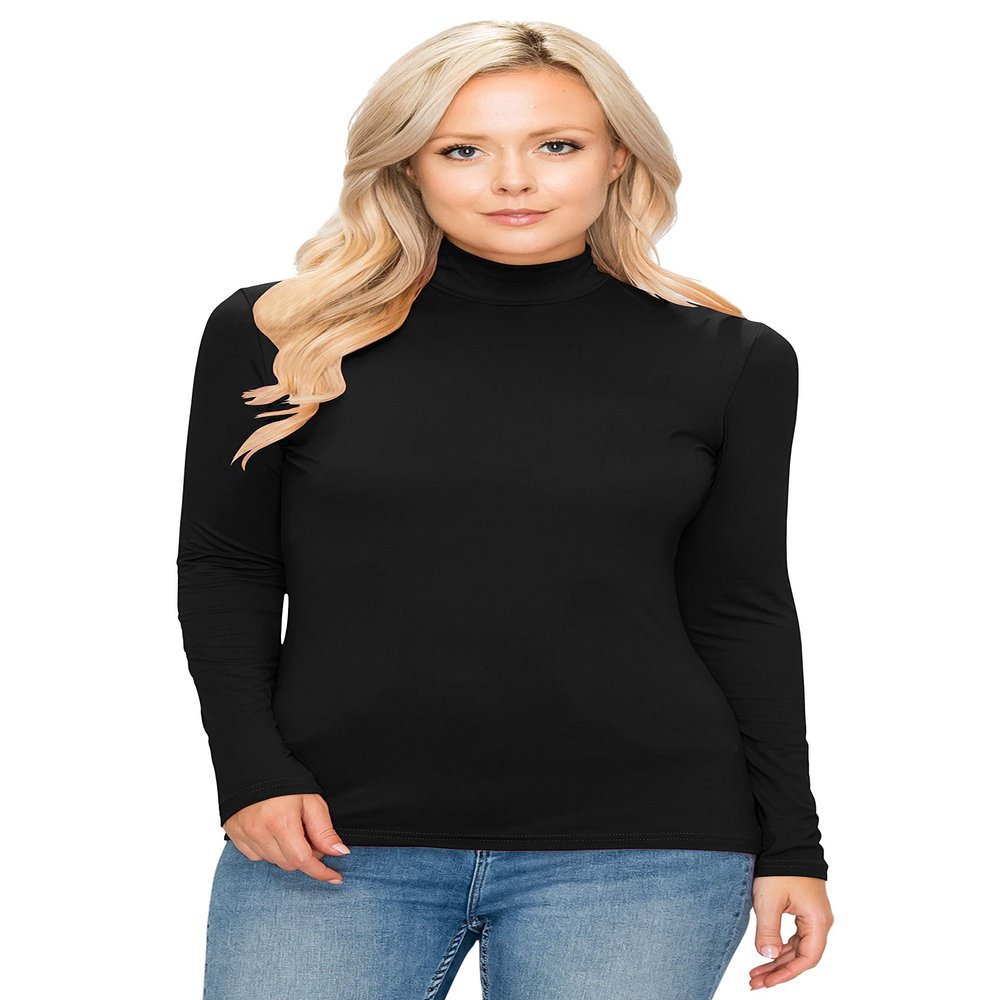 ALWAYS Women's Long Sleeve Mock Turtleneck - Premium Soft Stretch Lightweight Layer Basic Pullover Shirt Top Black M