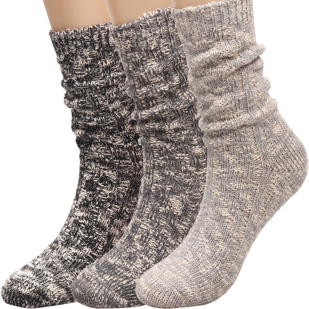3 Pairs Women Winter Wool Cable Knit Crew Knee High Boot Socks,Size 5-11#W919 (Polyester Blend, Color B03)