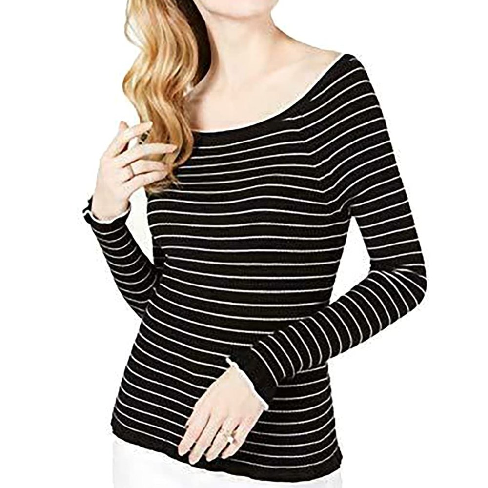 Maison Jules Womens Striped Off-The-Shoulder Pullover Sweater B/W L