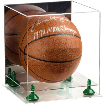Better Display Cases Basketball Holder Clear Full Size Acrylic Display Case with Green Risers ,Clear Two Tiered Base , Mirror back11 L x 11" W x 11" H (A001-GRR)