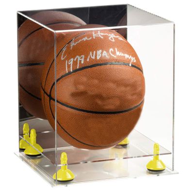 Better Display Cases Basketball Holder Clear Full Size Acrylic Display Case with Yellow Risers ,Clear Two Tiered Base ,Mirror back11 L x 11" W x 11" H (A001-YR)
