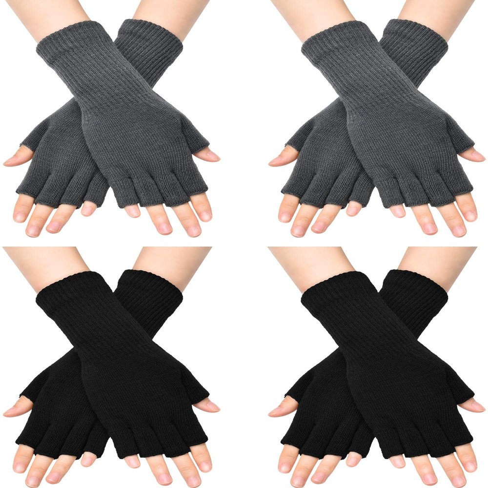 SATINIOR 4 Pairs Winter Fingerless Gloves for Women Half Finger Typing Gloves with Long Wrist Cuff Knit Fingerless Mittens for Women (Black,Dark Grey)