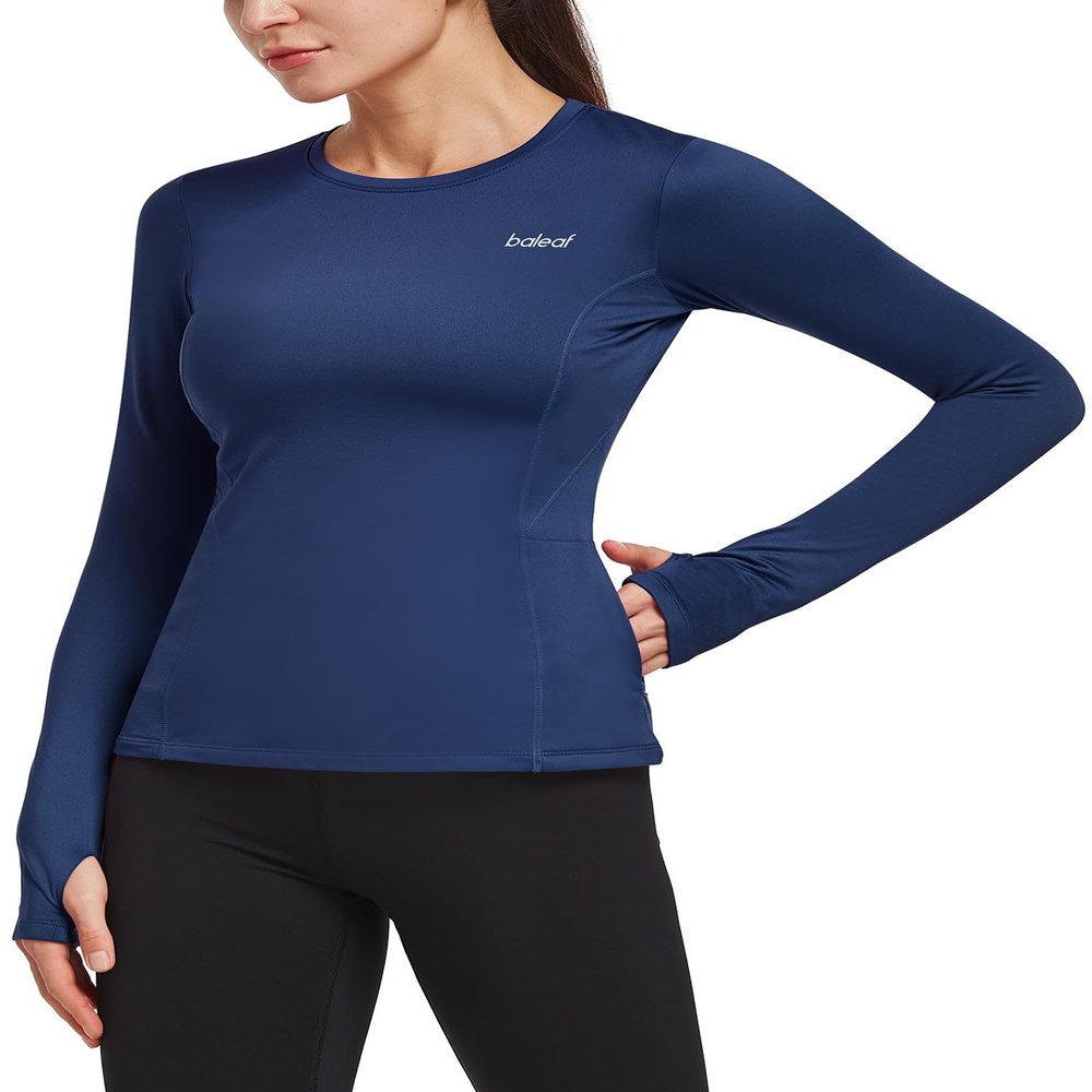 baleaf Women's Thermal Shirts Long Sleeve Workout Tops Running Athletic Zipper Pocket Fleece Lined Cold Weather Gear Winter Thumbholes Navy XXL