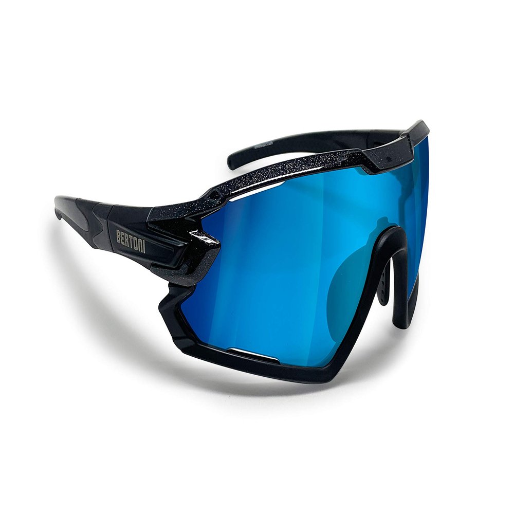 Bertoni Sport Sunglasses Cycling MTB Running Ski Golf Sport Sunglasses Cycling MTB Running Ski Golf Removable Sport Prescription Carrier Included mod. mod. QUASAR (Black/Blue Mirror)