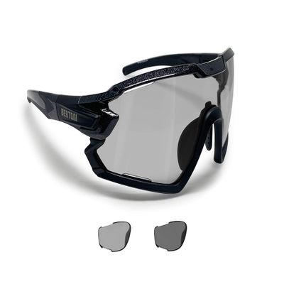 BERTONI Sport Sunglasses Cycling MTB Running Ski Golf Removable Sport Prescription Carrier Included mod. QUASAR (Black/Photochromic Polarized)