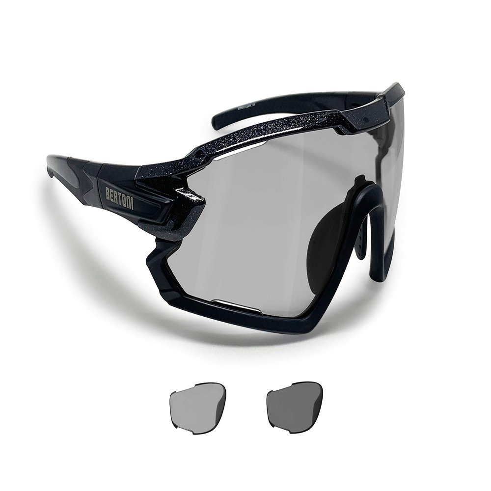 BERTONI Sport Sunglasses Cycling MTB Running Ski Golf Removable Sport Prescription Carrier Included mod. QUASAR (Black/Photochromic Polarized)