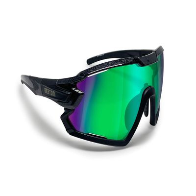 Bertoni Sport Sunglasses Cycling MTB Running Ski Golf Removable Sport Prescription Carrier Included mod. QUASAR (Black/Green Mirror)