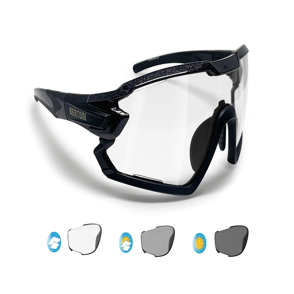 Bertoni Sport Sunglasses Cycling MTB Running Ski Golf Sport Sunglasses Cycling MTB Running Ski Golf Removable Sport Prescription Carrier Included mod mod. QUASAR (Black/Photochromic)