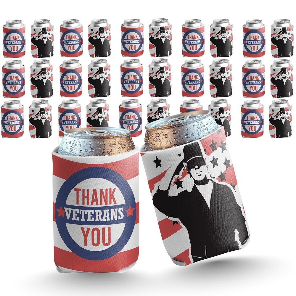 VictoryStore Veterans Day Can Coolers Patriotic Thank You Veterans Drink Sleeves Set of 24 12oz Can & Bottle Coolers Reusable Foam Beverage Sleeves for Military Holidays & Events