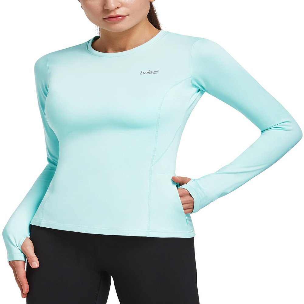 baleaf Women's Thermal Tops Long Sleeve Fleece Lined Running Workout Shirts Athletic Cold Weather Gear Winter Compression Zipper Pocket Aqua XXL