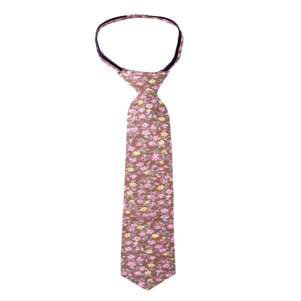 Spring Notion Boys' Cotton Floral Skinny Zipper Tie, Brown Large