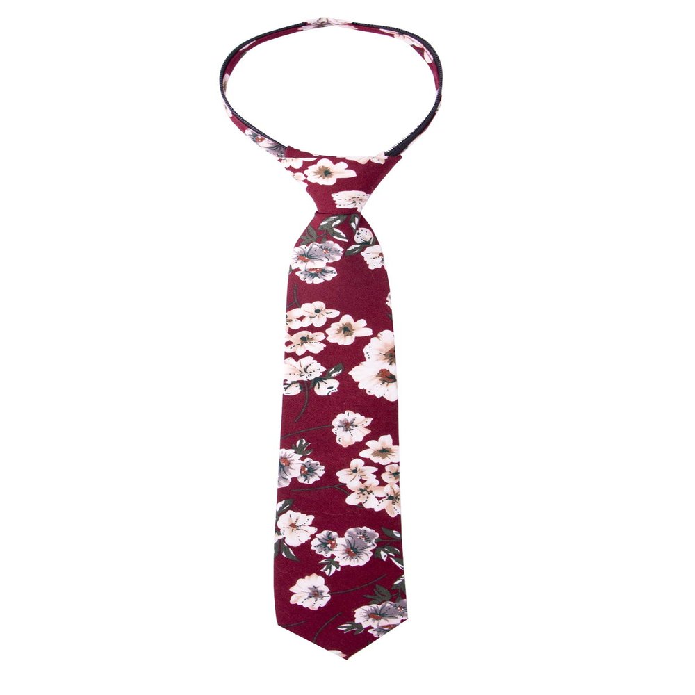 Spring Notion Boys' Cotton Floral Skinny Zipper Tie, Burgundy Medium