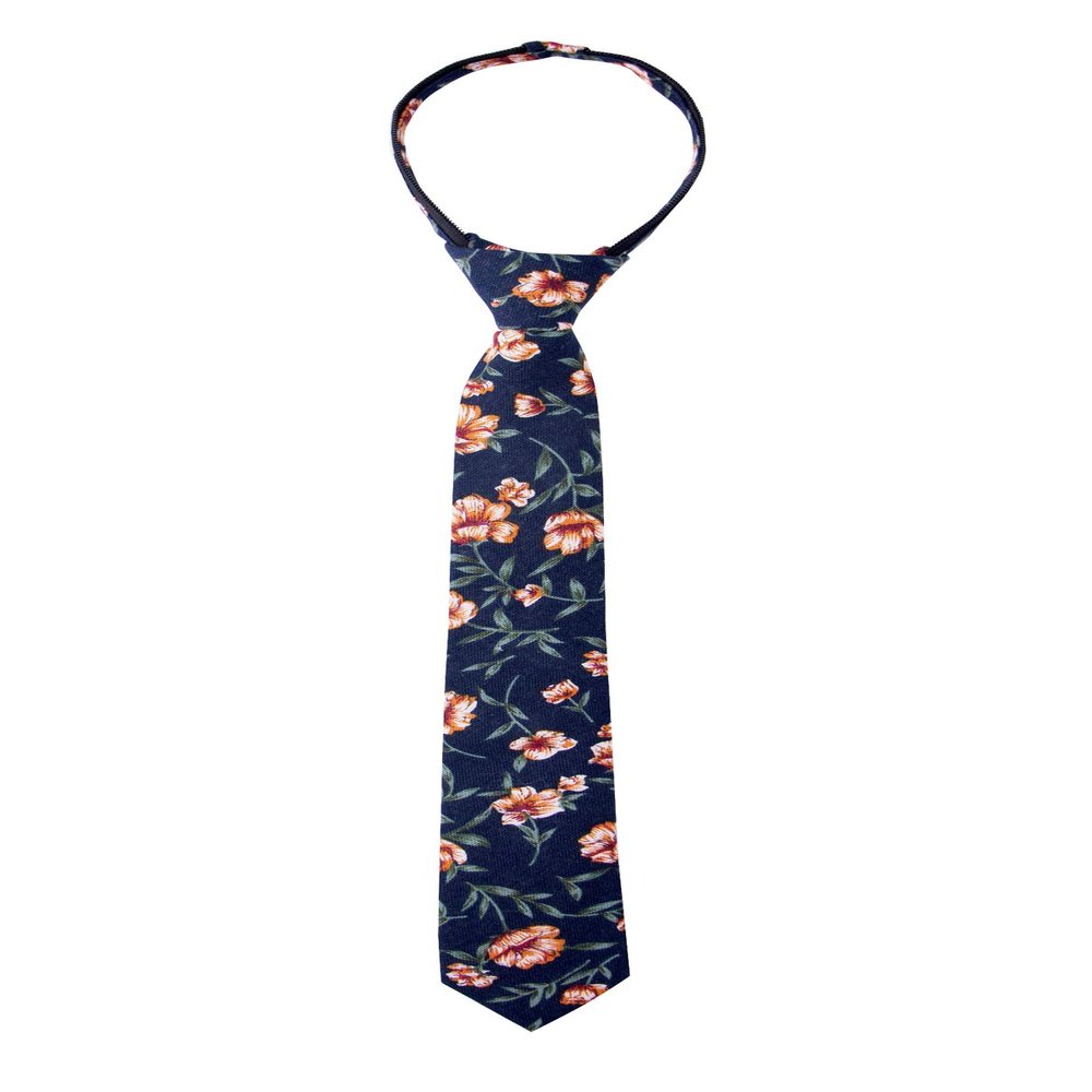 Spring Notion Boys' Cotton Floral Skinny Zipper Tie, Navy/Orange Small