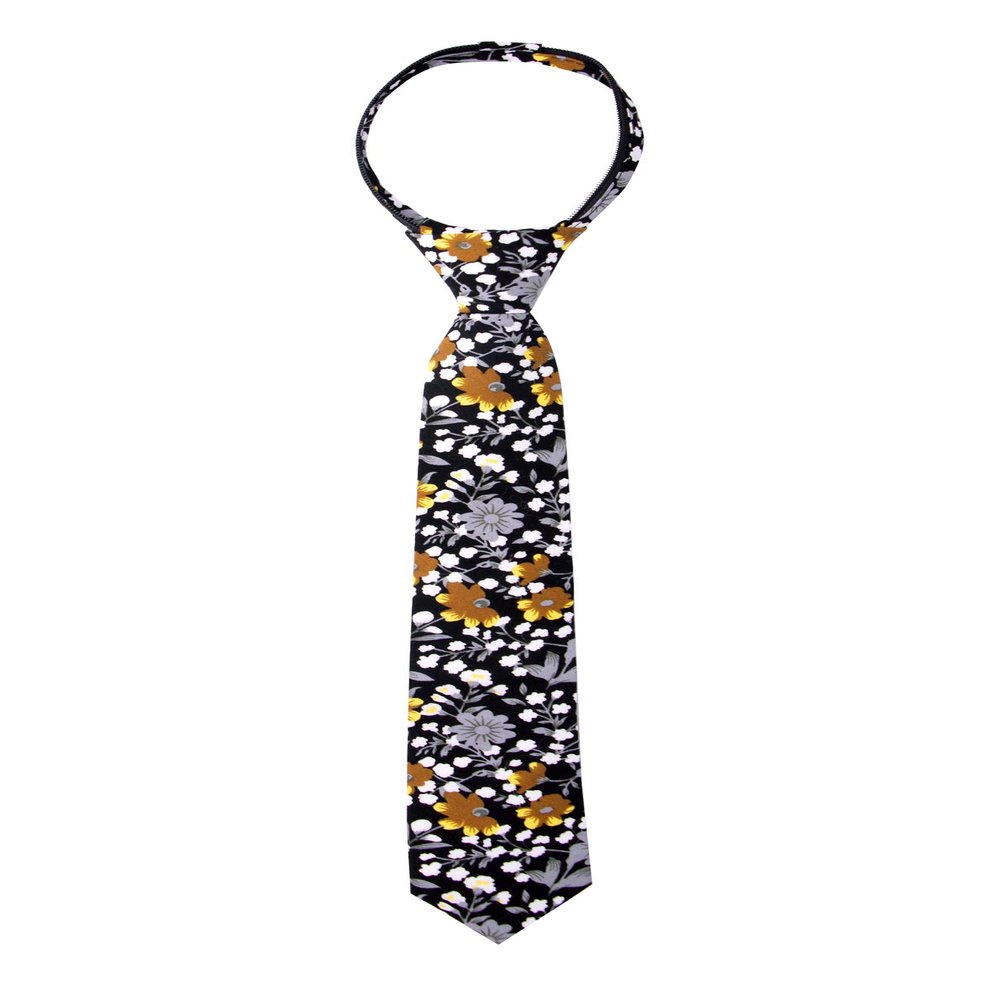 Spring Notion Boys' Cotton Floral Skinny Zipper Tie, Black/Mustard Large