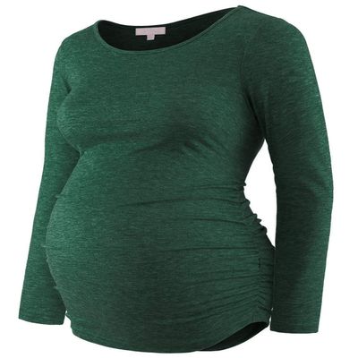 Maternity Shirt Long Sleeve Basic Top Ruch Sides Bodycon Tshirt for Pregnant Women Green M