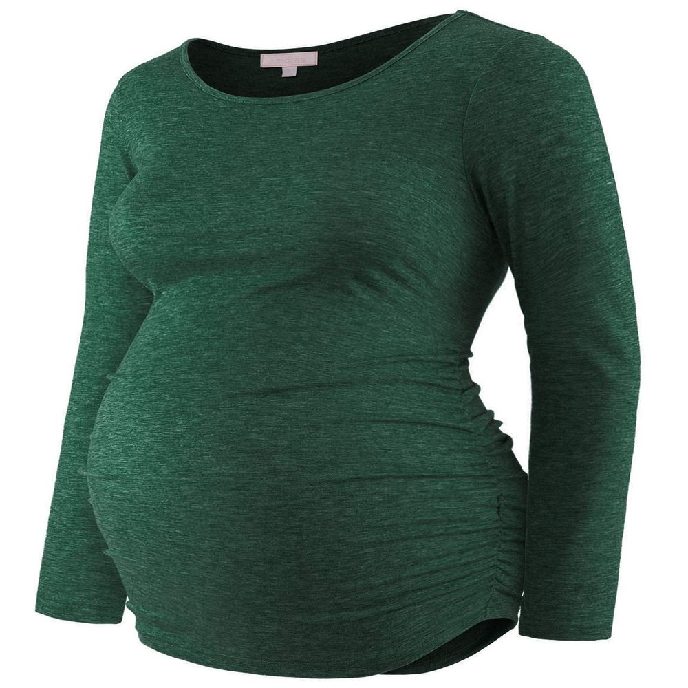 Maternity Shirt Long Sleeve Basic Top Ruch Sides Bodycon Tshirt for Pregnant Women Green M