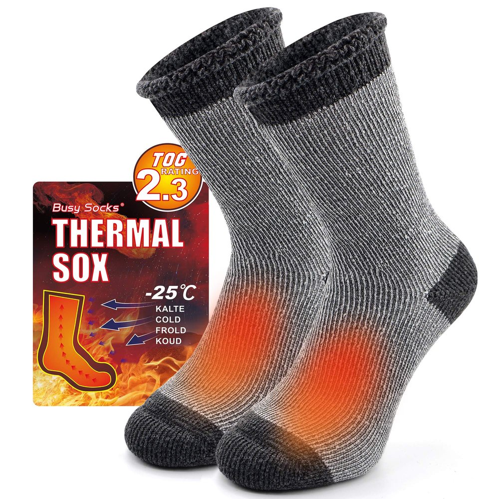 Busy Socks Winter Warm Thermal Socks for Men Women Extra Thick Insulated Heated Crew Boot Socks for Extreme Cold Weather, Large, 1 Pair Dark Grey