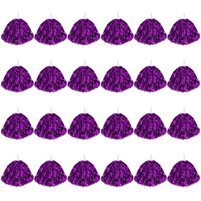 CUGBO 24Pcs Cheerleading Pom Poms, 1 Dozen Handle Metallic Foil Flower Ribbons Cheerleader Pompoms, Kids Children Ball Dance Sports Coaches Game Party Fancy (Purple)