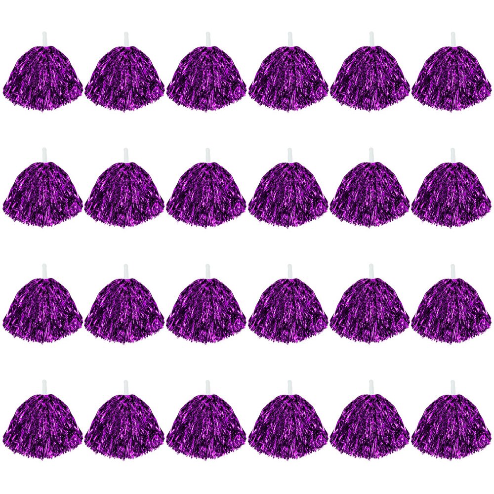 CUGBO 24Pcs Cheerleading Pom Poms, 1 Dozen Handle Metallic Foil Flower Ribbons Cheerleader Pompoms, Kids Children Ball Dance Sports Coaches Game Party Fancy (Purple)