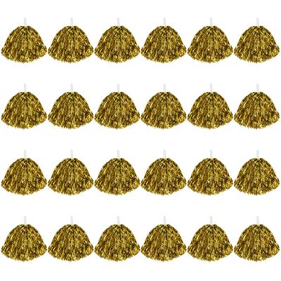CUGBO 24Pcs Cheerleading Pom Poms, 1 Dozen Handle Metallic Foil Flower Ribbons Cheerleader Pompoms, Kids Children Ball Dance Sports Coaches Game Party Fancy (Gold)