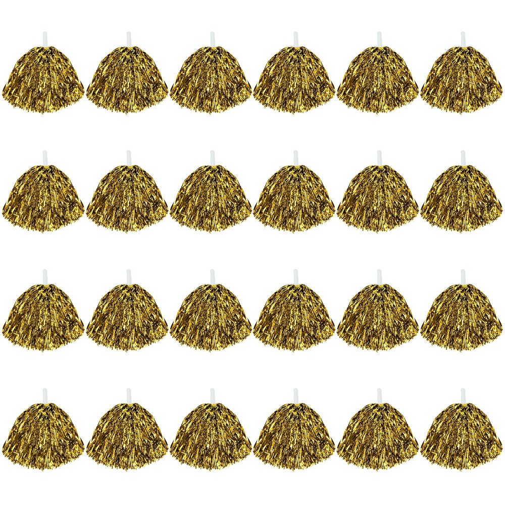 CUGBO 24Pcs Cheerleading Pom Poms, 1 Dozen Handle Metallic Foil Flower Ribbons Cheerleader Pompoms, Kids Children Ball Dance Sports Coaches Game Party Fancy (Gold)