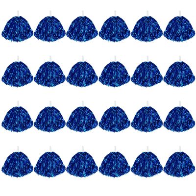 CUGBO 24Pcs Cheerleading Pom Poms, 1 Dozen Handle Metallic Foil Flower Ribbons Cheerleader Pompoms, Kids Children Ball Dance Sports Coaches Game Party Fancy (Blue)