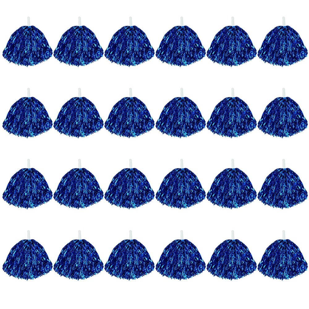 CUGBO 24Pcs Cheerleading Pom Poms, 1 Dozen Handle Metallic Foil Flower Ribbons Cheerleader Pompoms, Kids Children Ball Dance Sports Coaches Game Party Fancy (Blue)