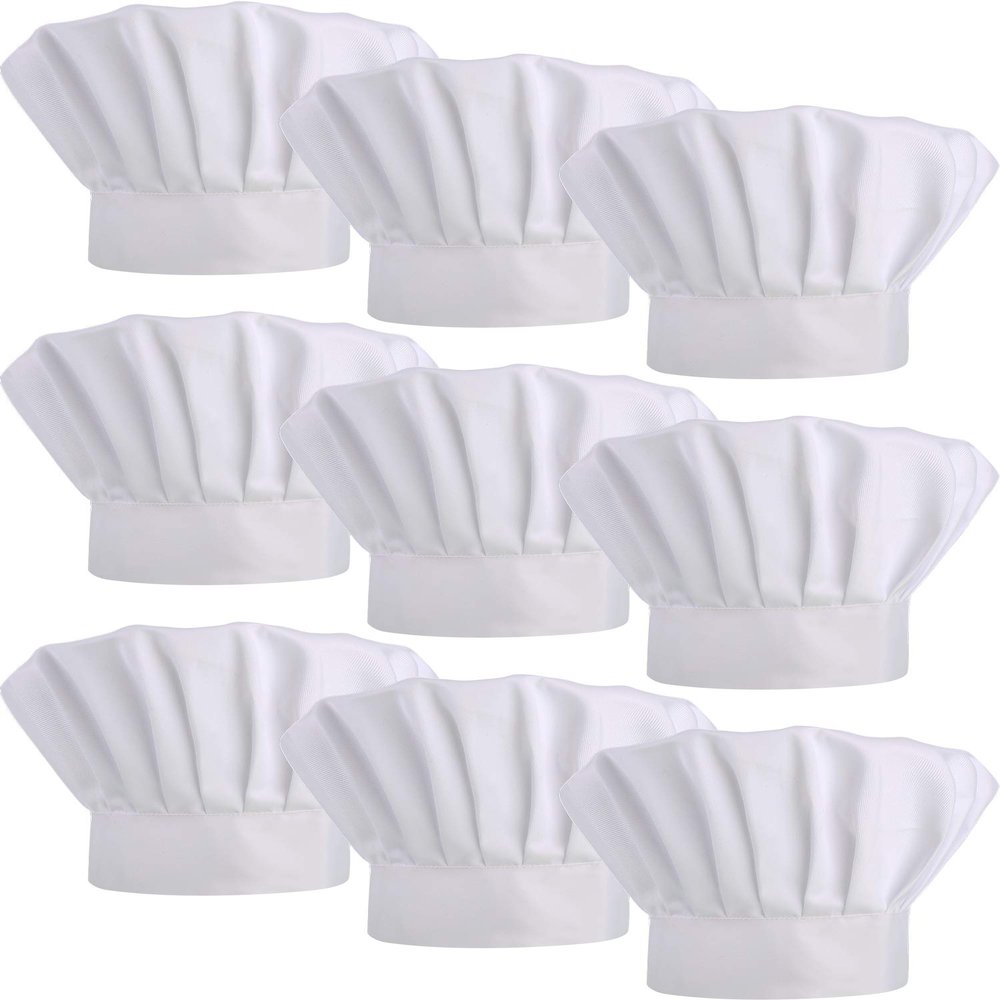 9 Pieces Chef Hats Adjustable Cooking Hat Elastic Kitchen Baker Caps for Adults (White)