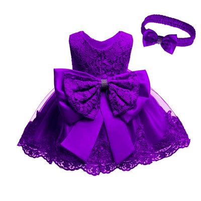 Toddler Baby Flower Girl Princess Lace Dress First Baptism Communion Bowknot Formal Embroidery Tutu Gown Elegant Wedding Bridesmaid Birthday Party Dresses Up with Headwear Dark Purple 18-24 Months