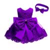 Toddler Baby Flower Girl Princess Lace Dress First Baptism Communion Bowknot Formal Embroidery Tutu Gown Elegant Wedding Bridesmaid Birthday Party Dresses Up with Headwear Dark Purple 18-24 Months view 1