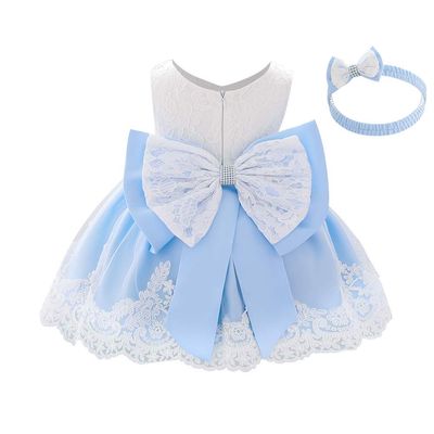 Toddler Baby Flower Girl Princess Lace Dress First Baptism Communion Bowknot Formal Embroidery Tutu Gown Elegant Wedding Bridesmaid Birthday Party Dresses Up with Headwear Blue 6-9 Months